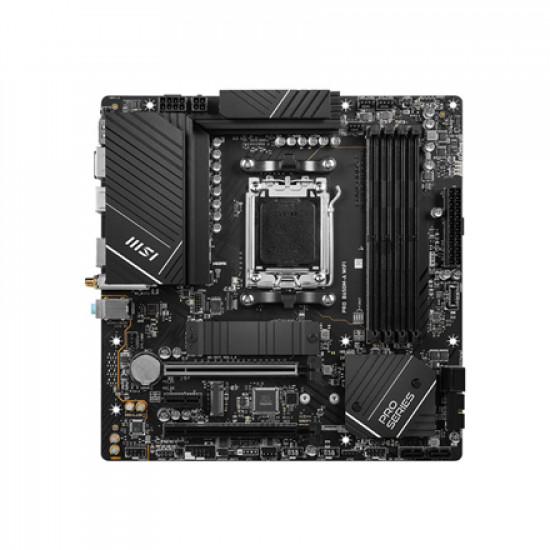 MSI PRO B650M-A WIFI Processor family AMD, Processor socket AM5, DDR5 DIMM, Memory slots 4, Supported hard disk drive interfaces SATA, M.2, Number of SATA connectors 4, Chipset AMD B650, mATX