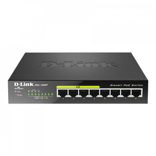 D-Link 8-Port Gigabit PoE Switch (4xPoE) DGS-1008P Unmanaged, Desktop, 60 W