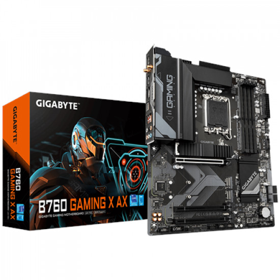 Gigabyte B760 GAMING X AX 1.1 M/B Processor family Intel, Processor socket LGA1700, DDR5 DIMM, Memory slots 4, Supported hard disk drive interfaces SATA, M.2, Number of SATA connectors 4, Chipset Intel B760 Express, ATX