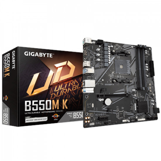 Gigabyte | B550M K 1.0 M/B | Processor family AMD | Processor socket AM4 | DDR4 DIMM | Memory slots 4 | Supported hard disk drive interfaces 	SATA, M.2 | Number of SATA connectors 4 | Chipset AMD B550 | Micro ATX