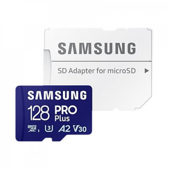 Samsung MicroSD Card with SD Adapter PRO Plus 128 GB, microSDXC Memory Card, Flash memory class U3, V30, A2, SD adapter