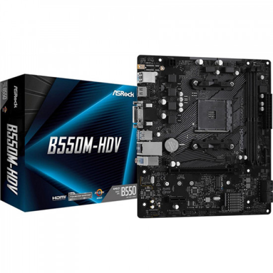 ASRock | B550M-HDV | Processor family AMD | Processor socket AMD AM4 | AMD AM4 | Memory slots 2 | Supported hard disk drive interfaces SATA3, M.2 | Number of SATA connectors 4 | Chipset AMD B550 | Micro ATX