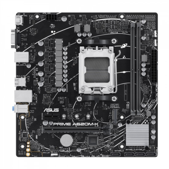 Asus PRIME A620M-K Processor family AMD, Processor socket AM5, DDR5 DIMM, Memory slots 2, Supported hard disk drive interfaces SATA, M.2, Number of SATA connectors 4, Chipset AMD A620, micro-ATX