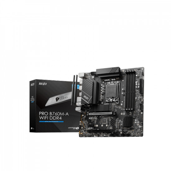 MSI PRO B760M-A WIFI Processor family Intel, Processor socket LGA 1700, DDR4, Memory slots 4, Supported hard disk drive interfaces SATA, M.2, Number of SATA connectors 4, Chipset Intel B760, mATX