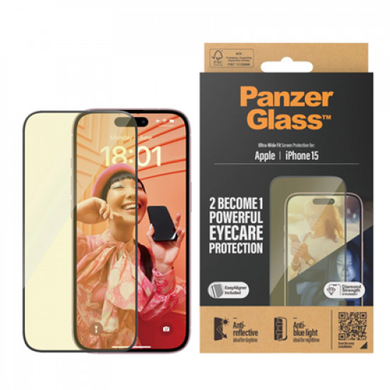 PanzerGlass Screen protector, Apple, iPhone 15, Glass, Clear, Eyecare