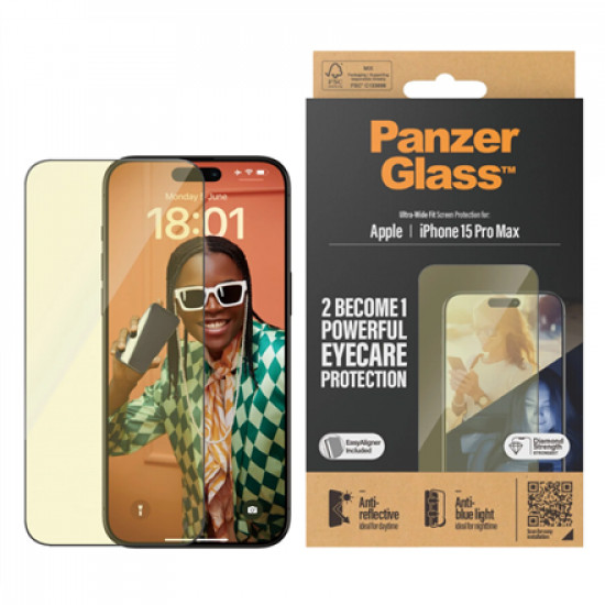 PanzerGlass Screen protector, Apple, iPhone 15 Pro Max, Glass, Clear, Eyecare