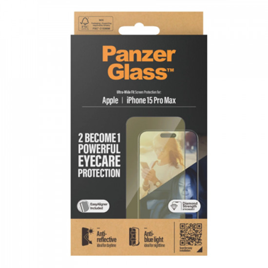 PanzerGlass Screen protector, Apple, iPhone 15 Pro Max, Glass, Clear, Eyecare