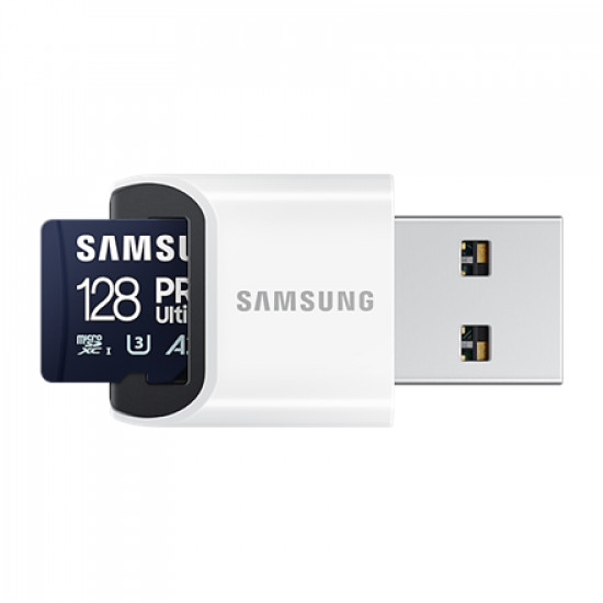 Samsung MicroSD Card with Card Reader PRO Ultimate 128 GB, microSDXC Memory Card, Flash memory class U3, V30, A2