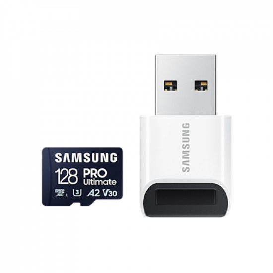 Samsung MicroSD Card with Card Reader PRO Ultimate 128 GB, microSDXC Memory Card, Flash memory class U3, V30, A2