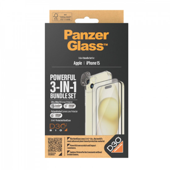 PanzerGlass Panzerglass 3-in-1 Pack iPhone 15, Clear, PicturePerfect Camera Lens Protector, a wireless charging compatible HardCase and an Ultra-Wide Fit Screen Protector