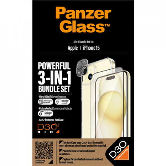 PanzerGlass Panzerglass 3-in-1 Pack iPhone 15, Clear, PicturePerfect Camera Lens Protector, a wireless charging compatible HardCase and an Ultra-Wide Fit Screen Protector