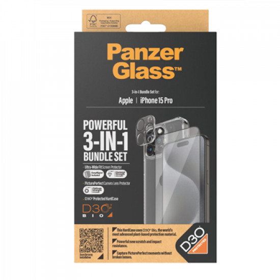 PanzerGlass Panzerglass 3-in-1 Pack iPhone 15 Pro, Clear, PicturePerfect Camera Lens Protector, a wireless charging compatible HardCase and an Ultra-Wide Fit Screen Protector