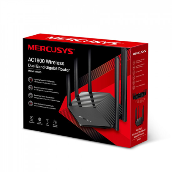 Mercusys Dual-Band Router MR50G 802.11ac, 600+1300 Mbit/s, 10/100/1000 Mbit/s, Ethernet LAN (RJ-45) ports 2, MU-MiMO Yes, Antenna type 6xFixed, Black