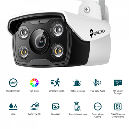 TP-LINK VIGI 4MP Outdoor Full-Color Network Camera VIGI C340 Bullet, 6 mm, IP66, H.265+/H.265/H.264+/H.264, MicroSD