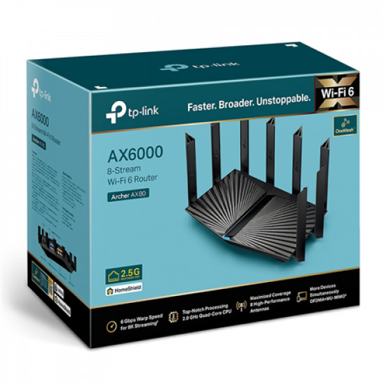 TP-LINK AX6000 8-Stream Wi-Fi 6 Router with 2.5G Port Archer AX80 802.11ax, 4804+1148 Mbit/s, 10/100/1000 Mbit/s, Ethernet LAN (RJ-45) ports 3, MU-MiMO Yes, No mobile broadband, Antenna type Internal, 1 USB 3.0 Port