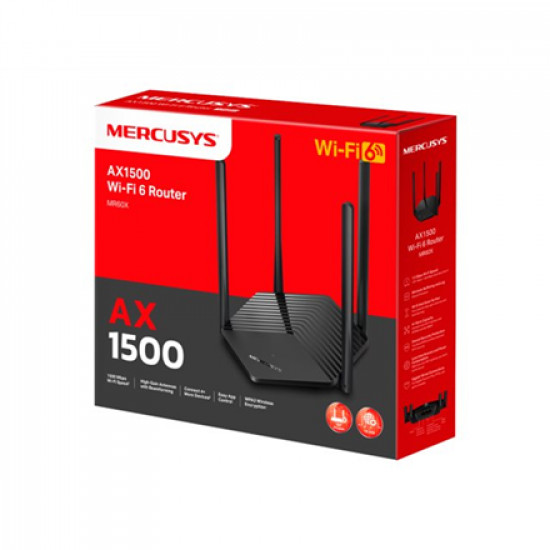 Mercusys AX1500 WiFi 6 Router MR60X 802.11ax, 1201+300 Mbit/s, 10/100/1000 Mbit/s, Ethernet LAN (RJ-45) ports 2, Mesh Support No, MU-MiMO Yes, No mobile broadband, Antenna type External