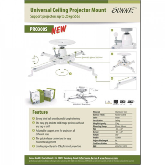 Sunne Projector Ceiling mount Turn, Tilt White