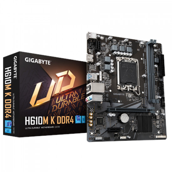 Gigabyte H610M K DDR4 1.0 M/B Processor family Intel Processor socket LGA1700 DDR4 DIMM Memory slots 2 Supported hard disk drive interfaces SATA, M.2 Number of SATA connectors 2 Chipset Intel H610 Express Micro ATX