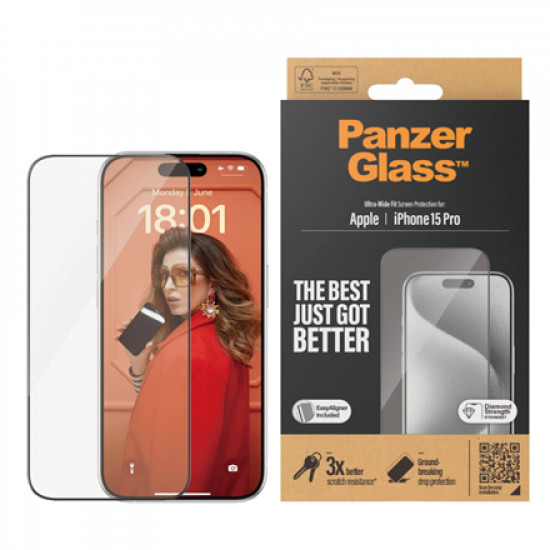 PanzerGlass Screen protector Apple iPhone 15 Pro Glass Clear Ultra-Wide Fit Easy installation Fingerprint resistant Anti-yellowing