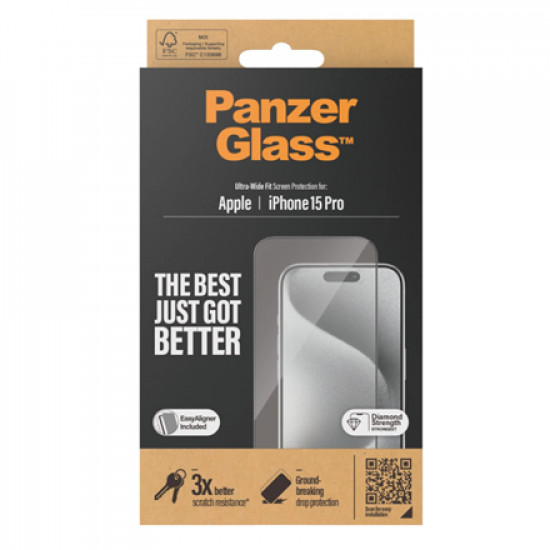 PanzerGlass Screen protector Apple iPhone 15 Pro Glass Clear Ultra-Wide Fit Easy installation Fingerprint resistant Anti-yellowing