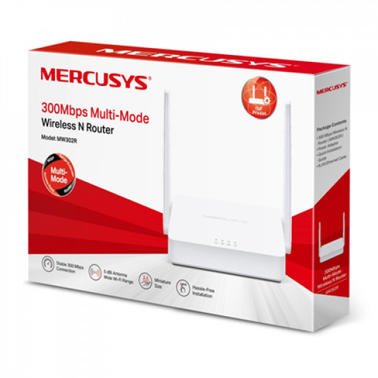 Mercusys Multi-Mode Wireless N Router MW302R 802.11n 300 Mbit/s 10/100 Mbit/s Ethernet LAN (RJ-45) ports 2 Mesh Support No MU-MiMO No No mobile broadband Antenna type 2xFixed No