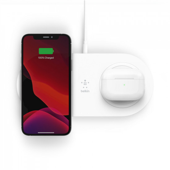 Belkin 15W Dual Wireless Charging Pads BOOST CHARGE Two-in-one wireless charging solution Fast wireless charging up to 15W Charges through most lightweight cases Qi-certified for safety Non-slip grip ensures your phone stays in place