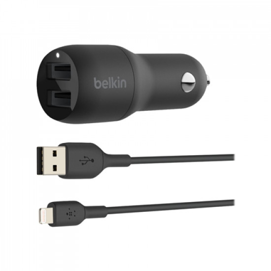 Belkin Dual USB-A Car Charger 24W + USB-A to Lightning Cable BOOST CHARGE Dual ports charge two devices at once from a single car power socket 12W power from each port for 24W of total output power Compatible with any device that uses a USB-A cable