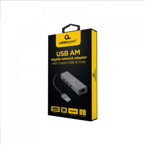 Cablexpert USB AM Gigabit network adapter with 3-port USB 3.0 hub A-AMU3-LAN-01