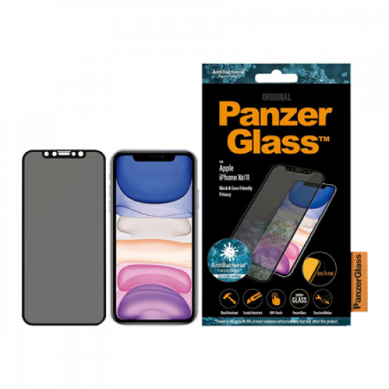 PanzerGlass P2665 Screen protector Apple iPhone Xr/11 Tempered glass Black Confidentiality filter Full frame coverage Anti-shatter film (holds the glass together and protects against glass shards in case of breakage) Case Friendly compatible with all Case