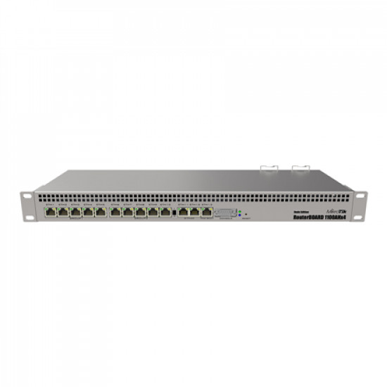 Mikrotik Wired Ethernet Router RB1100x4, 1U Rackmount, Quad core 1.4GHz CPU, 1 GB RAM, 128 MB, 13xGigabit LAN, 1xSerial console port RS232, PCB Temperature and Voltage Monitor, IP20, RouterOS L6 MikroTik Wired Ethernet Router RB1100AHx4 No Wi-Fi 10/100/10