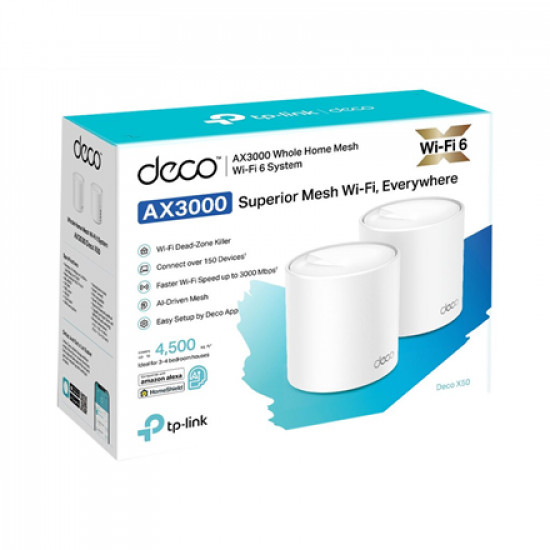 TP-LINK Whole Home Mesh Wi-Fi 6 System Deco X50 (2-pack) 802.11ax 574+2402 Mbit/s Ethernet LAN (RJ-45) ports 3 Mesh Support Yes MU-MiMO Yes No mobile broadband Antenna type Internal