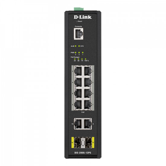 D-LINK DIS-200G-12PS L2 Managed Industrial Switch with 10 10/100/1000Base-T and 2 1000Base-X SFP ports D-Link Switch DIS-200G-12PS Managed L2 Wall mountable