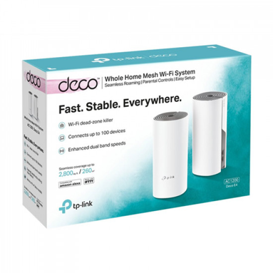 TP-LINK C1200 Whole Home Mesh Wi-Fi System Deco E4 (2-pack) 802.11ac 867+300 Mbit/s 10/100 Mbit/s Ethernet LAN (RJ-45) ports 2 Mesh Support Yes MU-MiMO Yes No mobile broadband Antenna type 2xInternal