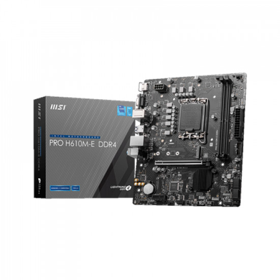 MSI | PRO H610M-E DDR4 | Processor family Intel | Processor socket  LGA1700 | DDR4 DIMM | Memory slots 2 | Supported hard disk drive interfaces 	SATA, M.2 | Number of SATA connectors 4 | Chipset Intel H610 | Mirco-ATX