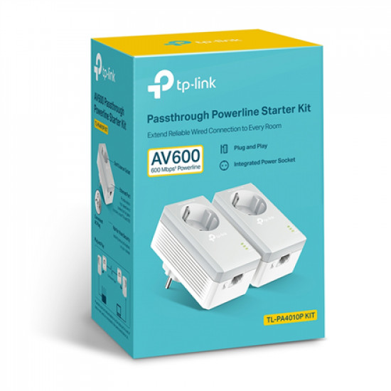 TP-LINK Passthrough Powerline 600 Starter Kit TL-PA4010P KIT 10/100 Mbit/s Ethernet LAN (RJ-45) ports 1 Data transfer rate (max) 600 Mbit/s Extra socket