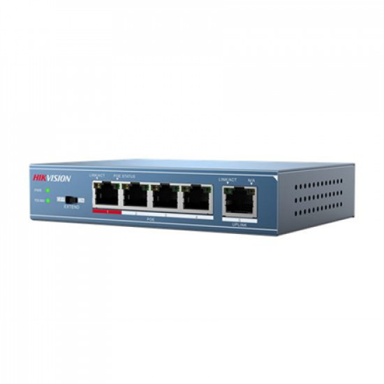 Hikvision Switch DS-3E0105P-E Unmanaged Desktop 10/100 Mbps (RJ-45) ports quantity 4 1 Gbps (RJ-45) ports quantity 1 PoE ports quantity 4 Power supply type 51V DC, 1.25A