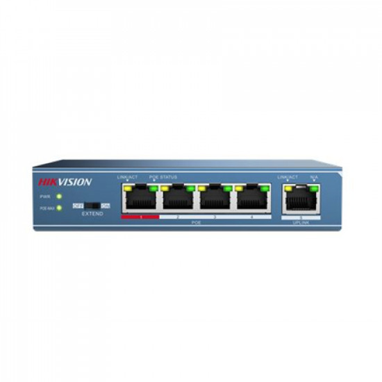 Hikvision Switch DS-3E0105P-E Unmanaged Desktop 10/100 Mbps (RJ-45) ports quantity 4 1 Gbps (RJ-45) ports quantity 1 PoE ports quantity 4 Power supply type 51V DC, 1.25A