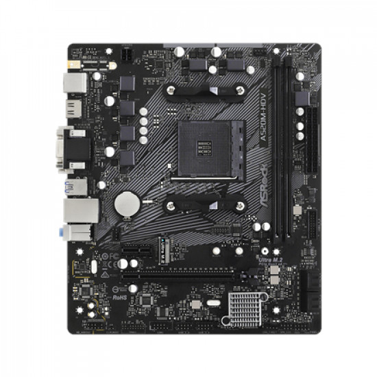 ASRock | A520M-HDV | Processor family AMD | Processor socket AM4 | DDR4 DIMM | Memory slots 2 | Supported hard disk drive interfaces 	SATA, M.2 | Number of SATA connectors 4 | Chipset AMD A520 | Micro ATX