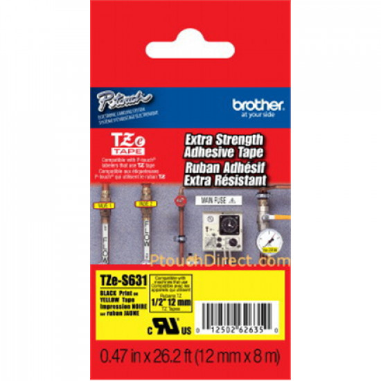 Brother | TZe-S631 Strong Adhesive Laminated Tape | Black on Yellow | TZe | 8 m | 1.2 cm