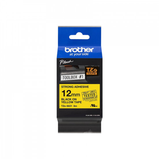 Brother | TZe-S631 Strong Adhesive Laminated Tape | Black on Yellow | TZe | 8 m | 1.2 cm