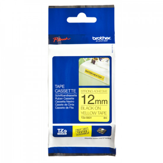 Brother | TZe-S631 Strong Adhesive Laminated Tape | Black on Yellow | TZe | 8 m | 1.2 cm