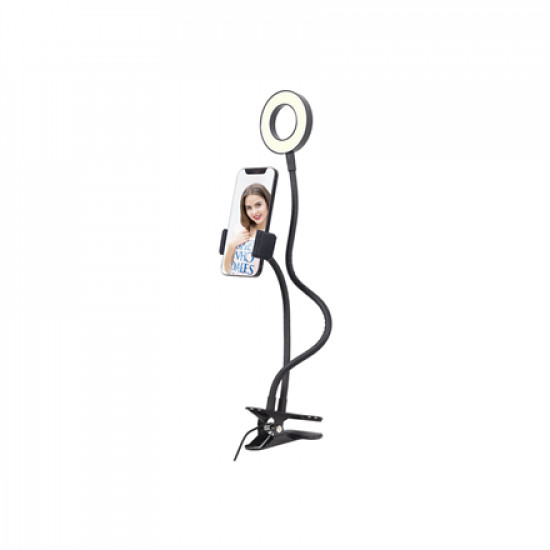 Gembird Selfie ring light with phone holder | Gembird | Selfie ring light with phone holder | LED-RING4-PH-01 | ABS + metal | LED ring diameter: 3.5''. Flexible arms for both phone holder & selfie ring. Practical buttons to change light intensity, color (cool/warm) and on/off switch. Brightness: 10 settings