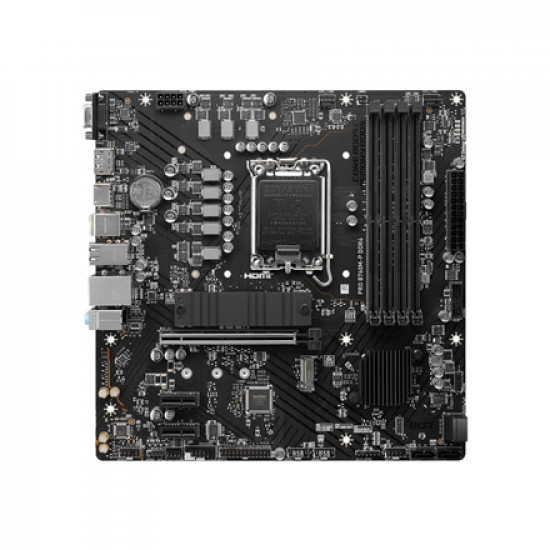 MSI | PRO B760M-P DDR4 | Processor family Intel | Processor socket  LGA1700 | DDR4 DIMM | Memory slots 4 | Supported hard disk drive interfaces 	SATA, M.2 | Number of SATA connectors 4 | Chipset Intel B760 | mATX