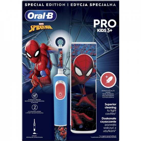 Oral-B | Electric Toothbrush with Travel Case | Vitality PRO Kids Spiderman | Rechargeable | For children | Number of brush heads included 1 | Number of teeth brushing modes 2 | Blue