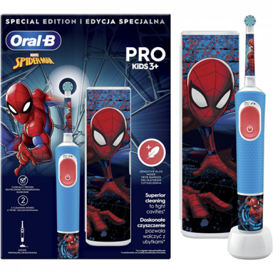 Oral-B | Electric Toothbrush with Travel Case | Vitality PRO Kids Spiderman | Rechargeable | For children | Number of brush heads included 1 | Number of teeth brushing modes 2 | Blue