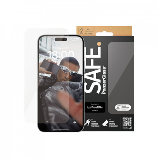 PanzerGlass | SAFE | Screen protector | Apple | iPhone 15 PLUS | Glass | Clear | Ultra-Wide Fit