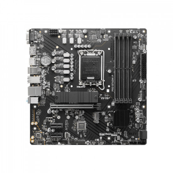 MSI | PRO B760M-P | Processor family Intel | Processor socket LGA1700 | DDR5 DIMM | Memory slots 4 | Supported hard disk drive interfaces SATA, M.2 | Number of SATA connectors 4 | Chipset Intel B760 | mATX