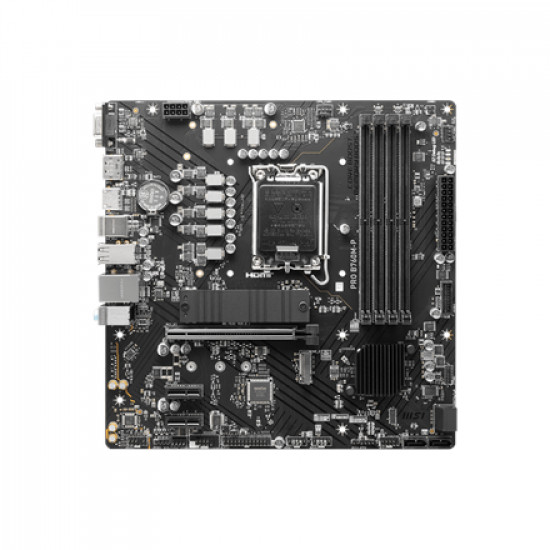 MSI | PRO B760M-P | Processor family Intel | Processor socket LGA1700 | DDR5 DIMM | Memory slots 4 | Supported hard disk drive interfaces SATA, M.2 | Number of SATA connectors 4 | Chipset Intel B760 | mATX