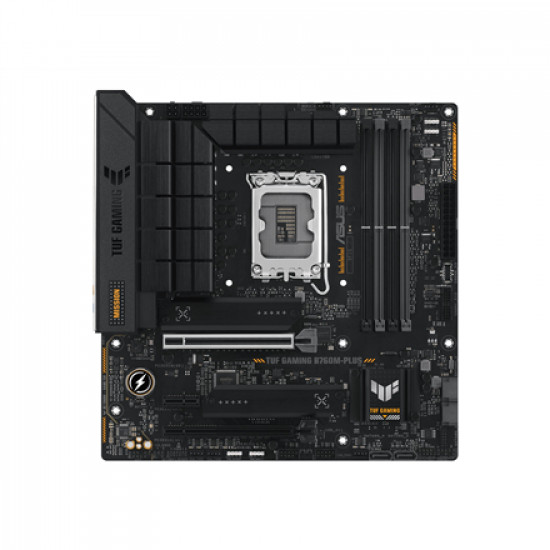 ASUS TUF GAMING B760M-PLUS | Processor family Intel B760 | Processor socket 1 x LGA1700 Socket | 4 DIMM slots - DDR5, non-ECC, on-die ECC, unbuffered | Supported hard disk drive interfaces SATA-600 (RAID), 2 x M.2 | Number of SATA connectors 4