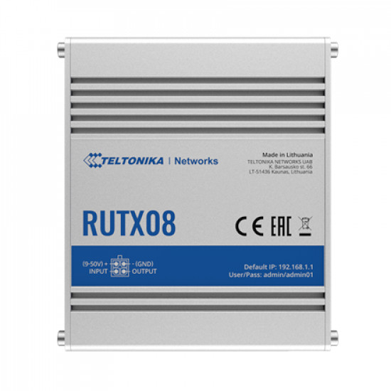 Industrial Router | RUTX08 | No Wi-Fi | Mbit/s | 10/100/1000 Mbit/s | Ethernet LAN (RJ-45) ports 4 | Mesh Support No | MU-MiMO No | No mobile broadband | 1 | 24 month(s)